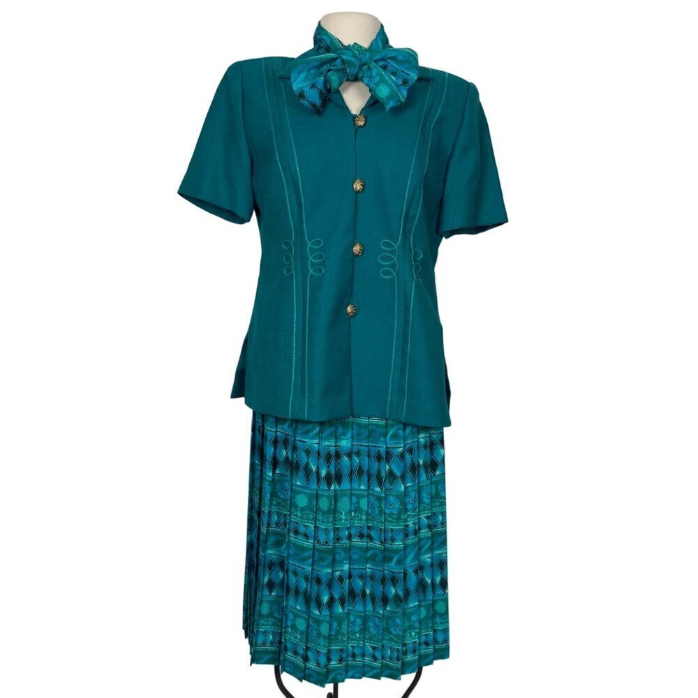 Vintage Leslie Fay Green Suit Womens 10 Petite Blazer Pleated Skirt Career